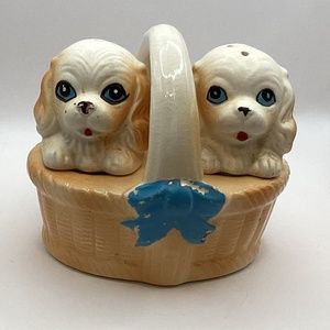 Salt and Pepper Shakers Dogs in a Basket Vintage Japan Ceramic 3.75"